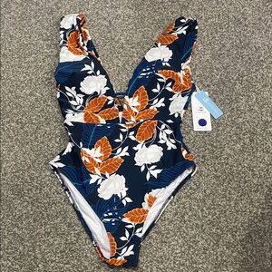 Floral Navy and Orange One Piece Swimsuit